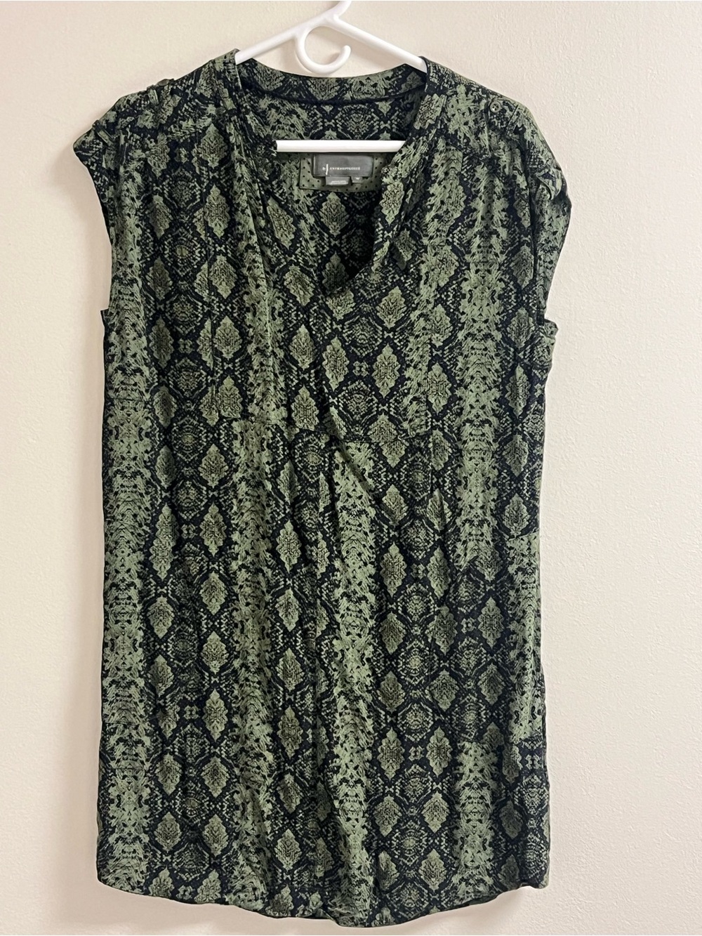 Anthropologie Petite Small Printed Viscose Tunic Blouse Green Navy Boho